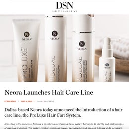 Image of 4 bottles of Neora’s ProLuxe Hair Care system, including shampoo, conditioner, hair mask and scalp treatment.