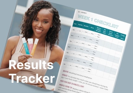 Results Tracker. The results tracker opened up to a page with a woman holding NeoraFit sachets next to a week 1 checklist page.