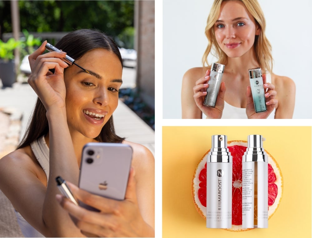 A collage of three images. A woman uses her phone as a mirror and applies LashLush to her right eyebrow. A woman holds up bottles of Age IQ Day and Night Cream. A picture of IllumaBoost bottles onto a slice of citrus fruit.