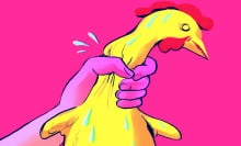 suggestive illustration of chicken being squeezed, concept art for male sex toys