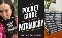 A triptych of images showing journalist Maya Oppenheim, holding her book The Pocket Guide to The Patriarchy along with two other photos showing the cover of the book. 