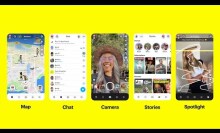 Screenshots of Snapchat homepages on a yellow background.