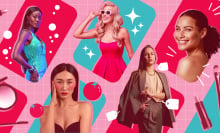 A collage of various people displaying TikTok aesthetics, with a pink background and beauty products on the side.