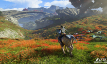 screenshot of Blue Na'vi riding a direhouse in a wideshot of scenic plains