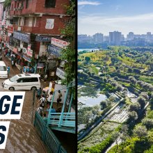 Split screen: on the left, an image shows cars stranded by a urban flood, while the image of the left is of a thriving city with a lot of green space. Caption reads: sponge cities.