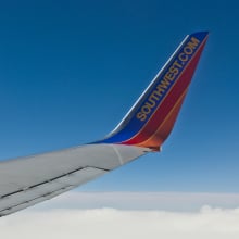 Southwest Airlines airplane wing in sky