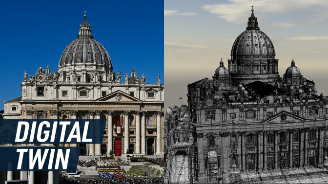 A split screen shows a photograph of St Peter's Basilica in Vatican city (left), juxtaposed with a B&W 3D render (right). Caption reads: "Digital twin"