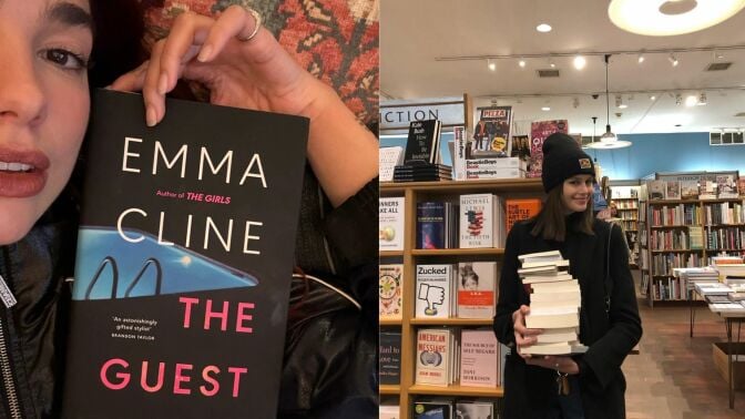 A picture of Dua Lipa holding up a book, next to a picture of Kaia Gerber holding a bunch of books in a bookstore.