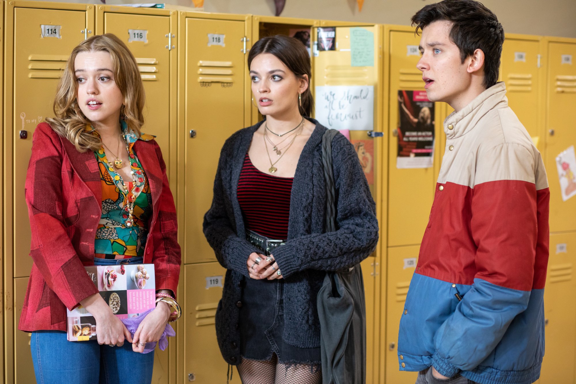 A scene from "Sex Education": students in school hallway