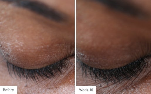 Close-up image of eyelashes showing fuller and longer lashes after 16 weeks of Lash Lush use