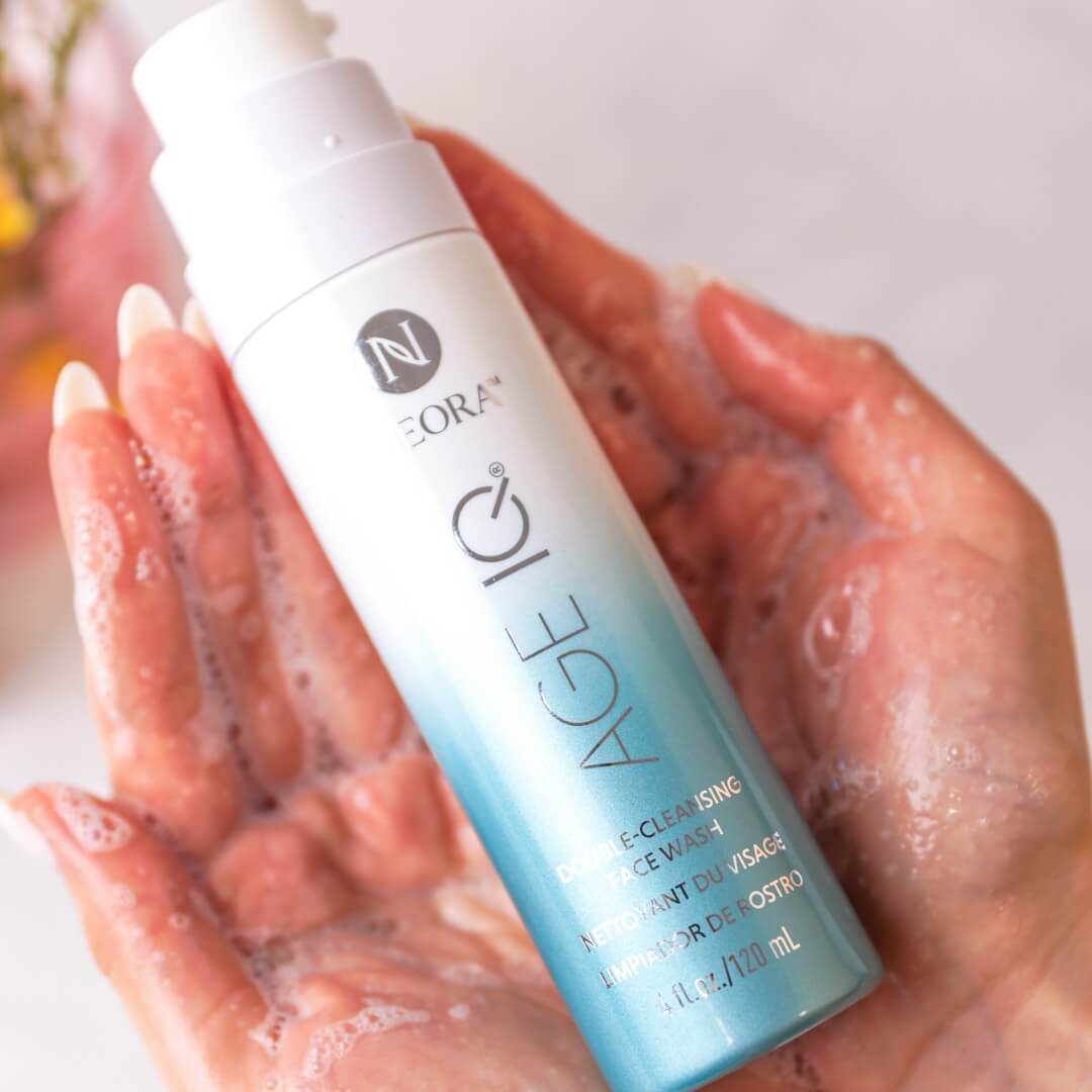 Neora's Double Cleansing Facewash being held in a woman's hands