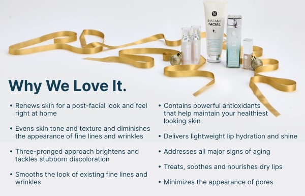 The Dewy Skin Deluxe Set and accompanying text on “why we love it”: renews skin, evens skin tone and texture, diminishes the appearance of fine lines and wrinkles, lightweight lip hydration and shine, addresses all major signs of aging, minimizes the appearance of pores.