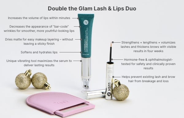 A tube of LashLush, Lip Plumping Serum, and a pink Purse Mirror surrounded by gold ornaments. Accompanying text highlights the benefits of these products, like increased lip volume, hydrated and soft lips, stronger and longer lashes, helps prevents lash and brow hair breakage.