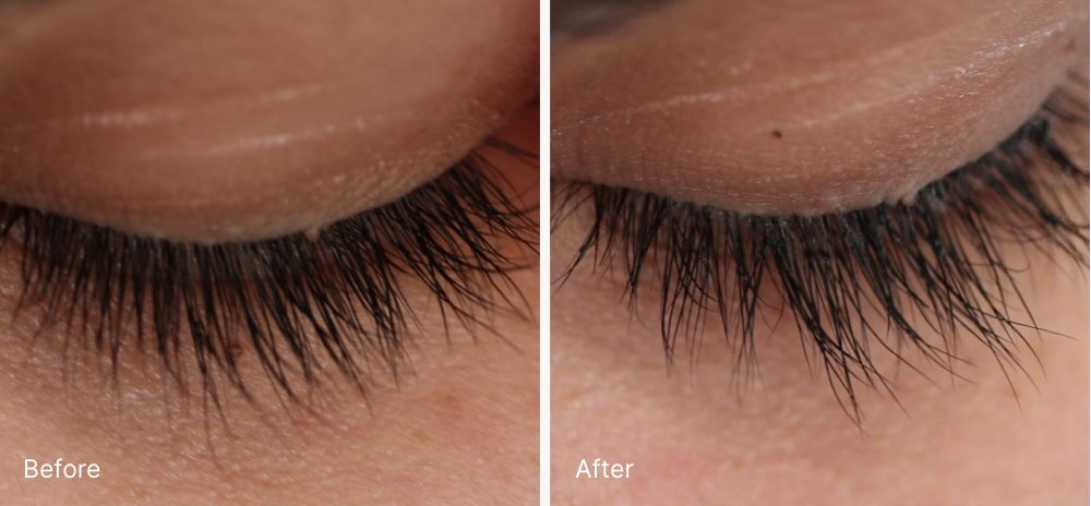 Before and After Real Results of a woman’s eye lashes.