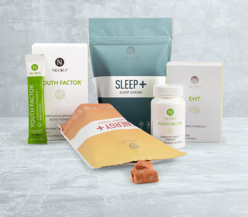 Neora Holistic Wellness Set incluye Youth Factor Powder, Sleep+ y Energy+ Wellness Chews, EHT Brain Formula