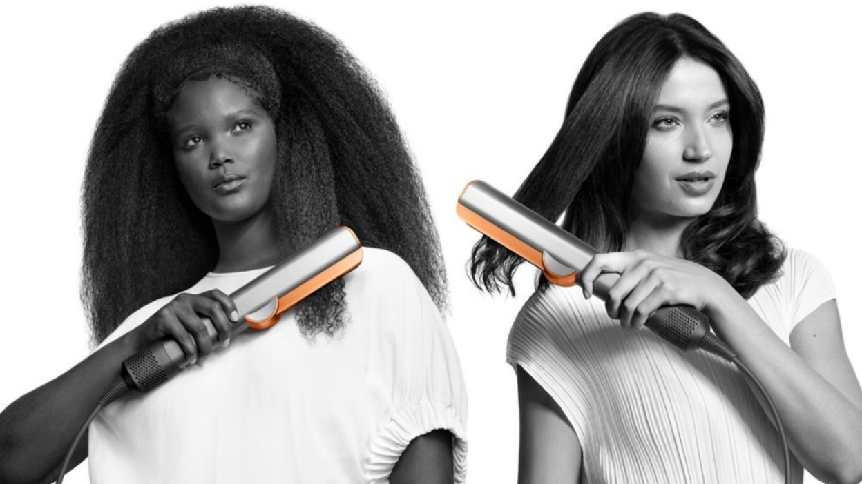 side by side cutouts of two women using dyson airstraits on their hair