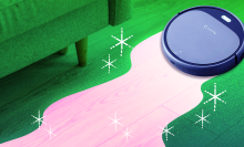 Pink and green illustration of robot vacuum cleaning a floor