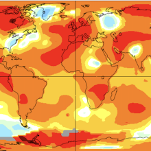 June 2023 was the hottest June in recorded history. The yellows, oranges, and reds show above average temperature anomalies.