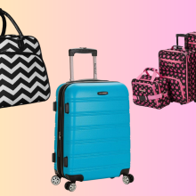 Three pieces of luggage currently on sale at Amazon overlaid on a colorful, gradient background.