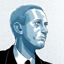 A blue and black illustration of Mark Zuckerberg in profile.