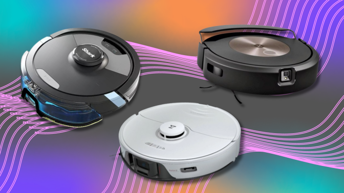 Shark, Roborock, and iRobot robot vacuums following pink curvy lines on gray, purple, blue, and orange background